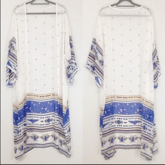 Cobalt Aztec Design Wide Sleeve Chiffon Kimono - Picture 6 of 7